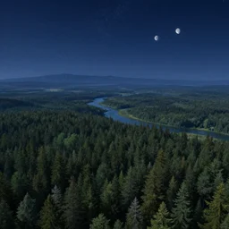 beautiful fantasy landscape, distant forest, distant mountains, river, dark blue night, stars, shooting stars, two pale moons, by james gurney, by noah bradley, by frederic edwin church, aerial perspective, concept art, matte painting, intricate, hyper detailed, volumetric atmosphere, sharp focus, octane render, trending on artstation, 8 k