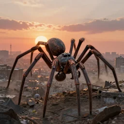 giant spiders, city is pure wasteland, sunset in background, detailed characters, alphonse mucha, greg rutkowski, trending on artstation, artgerm, breathtaking, sharp focus, smooth, mark arian, award winning, highly detailed 4 k art