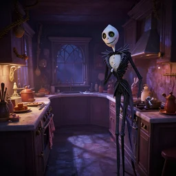 curved perspective digital art of a dim lit kitchen from Tim Burtons Nightmare Before Christmas by  bastien grivet