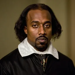 a cinematic film still of Kanye West dressed as Shakespeare, portrait, 40mm lens, shallow depth of field, close up, split lighting, cinematic