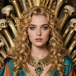 eyes wide shut movie portrait, girl on bones throne, persian empire costume, blonde, curly hair, clean face, big eyes, symmetrical face, smooth skin, jewelry,, ecstasy, cute, fashion editorial photography, hyperrealistic, from vogue magazine, ultra realistic, artgerm, reflections, gold intricate, 5 0 mm lens, icm, teal and orange