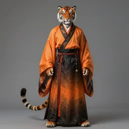 full figure beautiful fantasy character portrait, male warrior, anthropomorphic tiger, dressed in fluent long oriental clothes, gradient orange to black, hyper realistic, highly detailed by peter mohrbacher, wayne barlowe, boris vallejo, paolo eleuteri serpieri