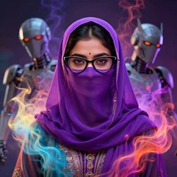 a young symmetrical beautiful hyderabadi female with cat eye glasses and purple niqab and colorful smoke energy by alex gray and android jones, concept art, octane render, 8 k, unreal engine