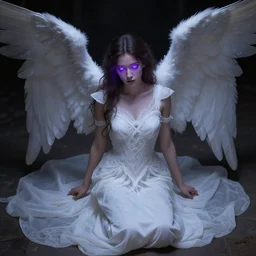 in the art of steve argyle, female angel with violet glowing eyes and white intricated clothes, kneeling, high angle