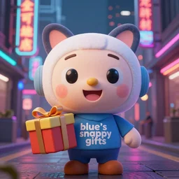 blue'snappy gifts'logo human - sized plush doll, looking at the camera, in cyberpunk street with neon signs in chinese, holding gift, happy atmosphere, high detail, 8 k