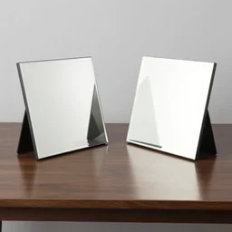 two square mirrors are at angle to each other refracting each other recursively on a table, octane render 8 k