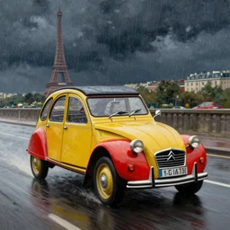 colorful citroen 2 cv racing through paris in the 1 9 5 0 s. dark skies, rain. movement. oil painting by pisaro, by thomas eakins