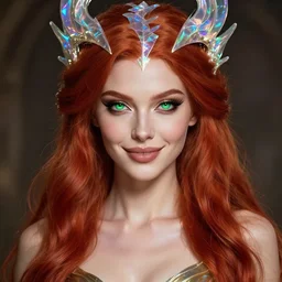 amazing digital art of cute gorgeous beautiful red haired smirking super model alien woman as futuristic aphrodite greek goddess wearing a holographic headdress, beautiful piercing gaze with green eyes and sharp pupils, sexy, full view, instagram hottie, in the style of greg rutkowski and wlop, artgerm, alex ross, mucha, fantasy, amazing detail, epic, elegant, smooth, octane render, dramatic lighting, sharp focus, front view