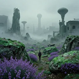 purple flowers, green rocks, ancient alien landscape foggy full of broken buildings, Les Edwards, Zdzislaw Beksinski, Carl Gustav Carus, John Harris, Michal Karcz, Zhang Kechun, Mikko Lagerstedt, Scott Listfield, Steven Outram, Jessica Rossier