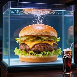 a juicy hamburger in a giant aquarium with coke instead of water