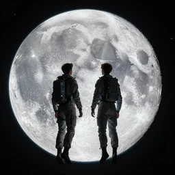 a gay couple floating in space looking at the moon from up close, science fiction industrial hard science concept art, 8 k render octane high definition cgsociety