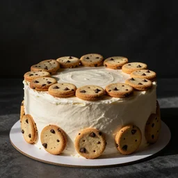 a very beautifull cake made by chocolate chips cookies, food photography