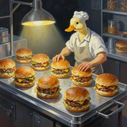 A mixed media painting of a duck worker in a factory of human burgers, by Frank Frazetta, Greg Rutkowski, Beeple, post-processing, low angle, masterpiece, cinematic, isometric, volumetric lighting