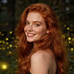 a happy, modern looking young woman looking over shoulder, among the lights of golden fireflies and nature, long loose red hair, intricate details, green eyes, small nose with freckles, triangle shape face, smiling, golden ratio, high contrast, hyper realistic digital art by artemisia lomi gentileschi and caravaggio and artgerm.