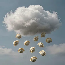 a raincloud raining dumplings, dumplings falling from the sky, photo realistic, highly detailed, sky, realistic shading, realistic lighting, a cloud raining dumplings