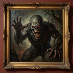 a monster reaching through a framed painting, pulp horror
