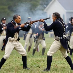 Barack Obama fighting in the revolutionary war with a musket