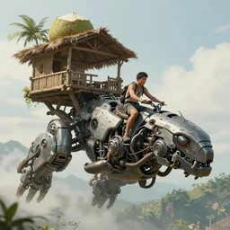 an concept art illustration, an asian man riding on a large floating mechanical motor biome, asia field megafauna, coconut hut shack, daytime, natural light, fantasy, style by wlop, trending in artstation, cgsociety, octane render, ultra sharp, 8 k