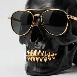 closeup studio photograph of a black skull with golden teeth and golden sunglasses, dramatic lighting, edited in photoshop