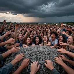 Hundreds of humans , emerging hands and beautiful women’s and men screaming laughing and crying face ,biodiversity all round , dramatic dusk illuminate detailed entangled fibres carpet the fallen rocks , stormy clouds gather in the distance , full colour , upscale , 8k