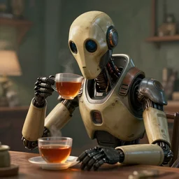 photo of glados ( from portal ) drinking tea, realistic, sharp focus