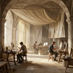 post - medieval art studio of apprentice painters, silk tarps hanging, dry archways, light dust, by peter mohrbacher dan mumford craig mullins nekro, cgsociety, pixiv, volumetric light, 3 d render