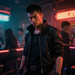 henchman in cyberpunk night adult club, 3 5 mm, blade runner, akira, cinematic angle, cinematic lighting