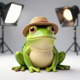 photo still of frog wearing a hat, 8 k, studio lighting bright ambient lighting key light, 8 5 mm f 1. 8