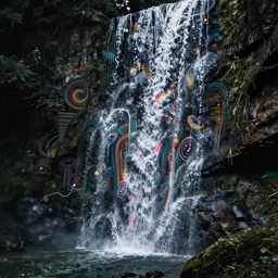 waterfall with intricate patterns an colourful streams falling down drawn by yerka