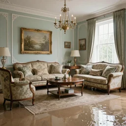 decorative victorian livingroom flooded with water