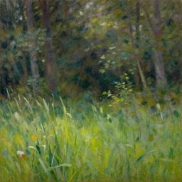 a photograph of a small grassland nestled in a forest, maximalist style, soft edges, finely detailed oil painting, impasto brush strokes, soft light, 8 k, dramatic composition, studio lighting, sharp focus, octane render, masterpiece, by claude monet and bob ross and thomas kinkade and jan van eyck and ohara koson