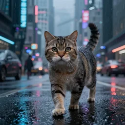 futuristic VFX movie of a cat walking through a cyberpunk city rainy night natural lighting by Emmanuel Lubezki