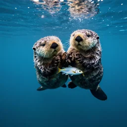 underwater nature photograph of sea otters diving for fish