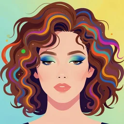 a colorful vibrant closeup portrait of a simple caucasian woman with curly mid length brown hair with a calm aesthetic face and eye shadow and dreaming psychedelic hair, by kawase hasui, moebius, edward hopper and james gilleard, zdzislaw beksinski, steven outram colorful flat surreal design, hd, 8 k, artstation