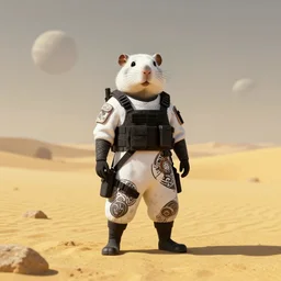 rodent with white and black ancestral ornate japanese tactical gear on an abandonment desert planet, long shot, rule of thirds, golden ratio, graphic novel by fiona staples and dustin nguyen, by beaststars and orange, peter elson, alan bean, studio ghibli, makoto shinkai