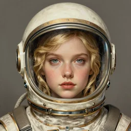 A portrait of a blonde girl wearing a vintage sci-fi astronaut helmet, face, intricate, elegant, highly detailed, digital painting, artstation, concept art, smooth, sharp focus, illustration, art by Krenz Cushart and Artem Demura and alphonse mucha
