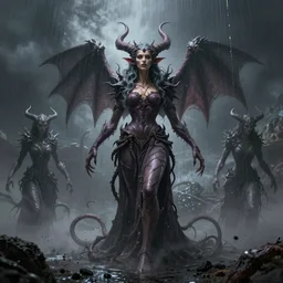 gorgeous lilith the mother of all monsters succubi!, raining ash, fine art masterpiece, highly detailed dino valls wayne barlowe machiej kuciara, dramatic lighting, long shot, wide angle, uhd 8 k, sharp focus