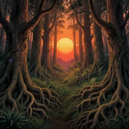 an enchanted forest with intricate roots by mœbius and akihiko yoshida, 4 k wallpaper, highly detailed, sunset