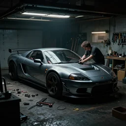 Bladerunner 2049 scene man working on his sports car in small garage cluttered with tools parts dark atmospheric volumetric lighting grungy moody dark cinematic Roger Deakins Cinematography futuristic cyberpunk car R35 NSX R8 S14 Evo X Z06 ikuo maeda Newton Thomas Sigel bladerunner 2049 screen cap still