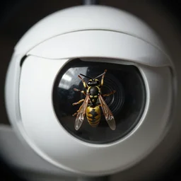 wasp at a ring door camera, close - up of wasp, fisheye lens