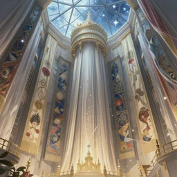 polygonal temple with giant walls and glass ceilings showing the stars and hanging silk drapery and tapestries, light dust, magnificent, close up, details, sharp focus, elegant, highly detailed, illustration, by Jordan Grimmer and greg rutkowski and PiNe(パイネ) and 薯子Imoko and 香川悠作 and wlop and maya takamura, intricate, beautiful, Trending artstation, pixiv, digital Art
