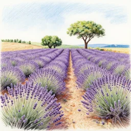 lavander field in italian landscape, colored pencil drawing