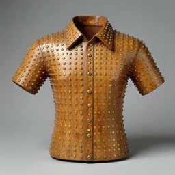 realistic photograph of a a wooden sculpture object shirt made of oak wood, covered with brass dots on a grey background, centered composition, archival photography, metropolitan museum archive photo, 1 9 9 0, grain