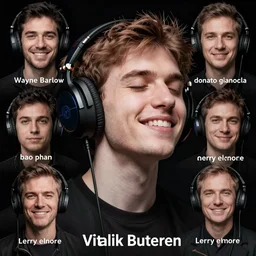 vitalik buterin in big headphones with closed eyes listens to music and smiles with black background, wayne barlow, bao pham, donato giancola, larry elmore, masterpiece, trending on artstation, featured on pixiv, cinematic composition, beautiful lighting, sharp, details, hyper - detailed, hdr, 4 k, 8 k
