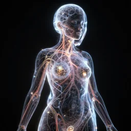 fractal mesh of a female form shaped with dark and bright neurons and veins, translucent, surface illumination, see - through, portrait, dramatic, cinematographic lighting, hyper detailed, ultra realistic, glow in the dark
