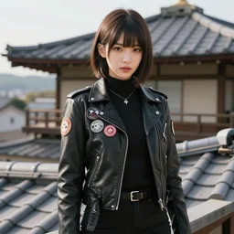 anime girl dressed in a leather jacket with multi - colored badges stands on the roof of a japanese house with a pink bass guitar in her hands against the backdrop of a sunset in magical rays and many beautiful houses, rear view, comic