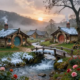 spring at medieval hobbit village, ornate, beautiful, atmosphere, vibe, mist, smoke, fire, chimney, rain, wet, pristine, puddles, waterfall, melting, dripping, snow, creek, sunset, ice, bridge, forest, roses, flowers, color page, 4 k, rembrandt, trending on artstation