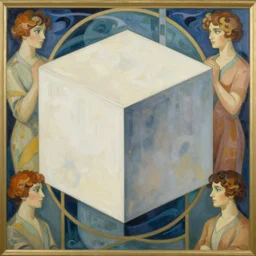 beautiful painting of companion cube, art nouveau. by eve ventrue, michael carson, andreas rochas, mucha, gaudy colors. intricate linework. sharp edges.