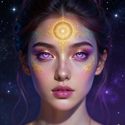 a beautiful colorful digital head and shoulders potrait of an attractive girl with hypnotic detailed golden voilet glowing eyes and open third eye psychedelic spiritual art, space background, breathtaking stars, hyperrealistic, 4k, detailed, hyper realistic art