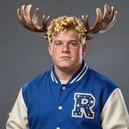 portrait of high school senior boy named big moose, blonde short hair, jock, beefy, wide face, square jaw, square facial structure, blue varsity jacket with letter r, intricate, elegant, glowing lights, highly detailed, digital painting, artstation, concept art, sharp focus, illustration, art by wlop, mars ravelo and greg rutkowski